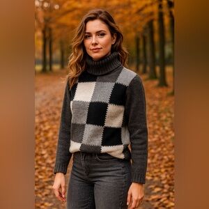 EDDIE BAUER | ⭐️ HOST PICK Geometric Checker Patchwork Square Lambs Wool Sweater
